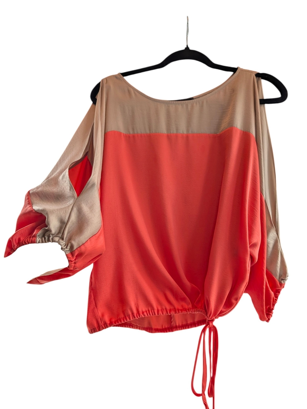 BCBGMaxAzria Coral and Nude Cold-Shoulder Drawstring Blouse